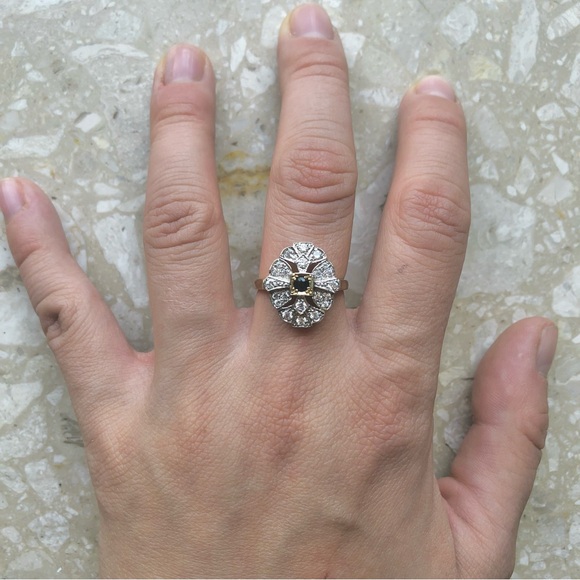 Art Deco Sapphire Ring Yellow Gold Lab Diamond Halo Vintage Ring - Picture 2 of 11